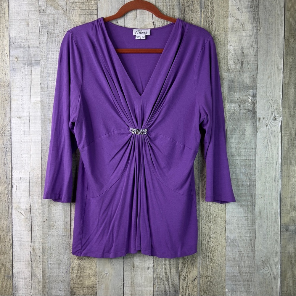 Chaus Size XL Y2K V-Neck Purple Cinched Front W/Jewel and 3/4 Sleeves